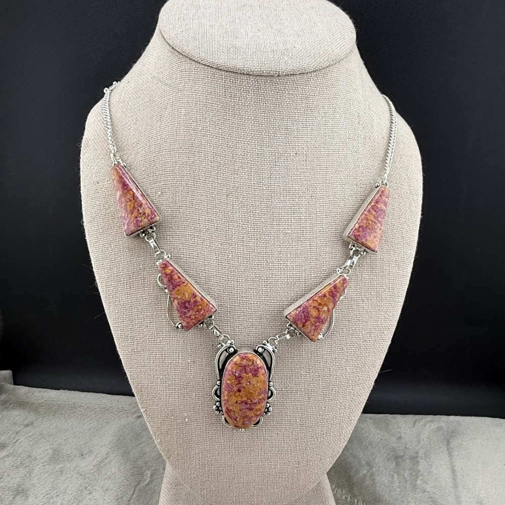 Vintage Stone Pink Statement Necklace Polished Jasper 20" - Picture 11 of 12